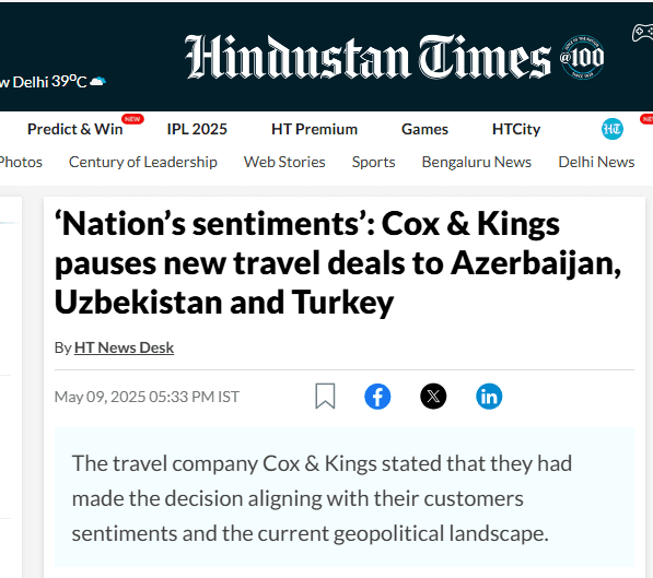 ‘Nation’s sentiments’: Cox & Kings pauses new travel deals to Azerbaijan, Uzbekistan and Turkey