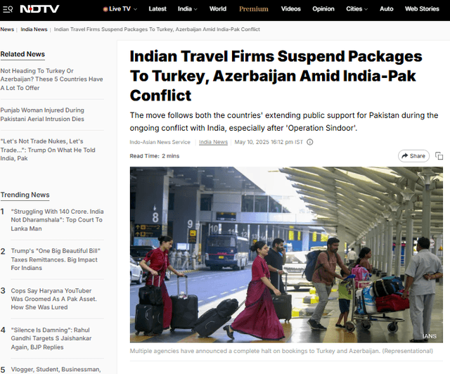 Indian Travel Firms Suspend Packages To Turkey, Azerbaijan Amid India-Pak Conflict