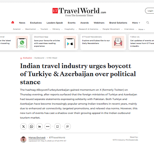 Indian Travel Industry Bycott of Turkey & Azerbaijan